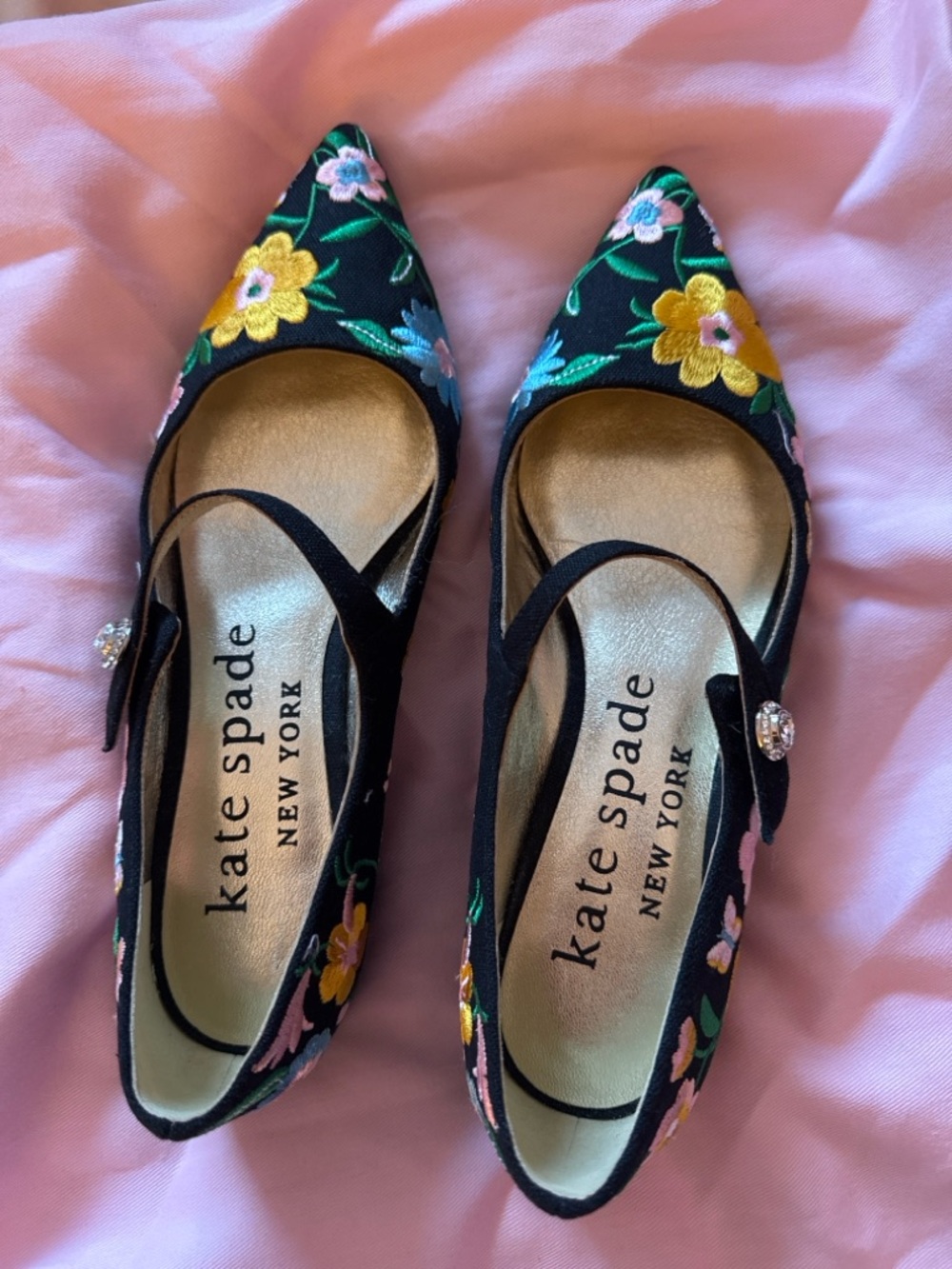kate spade Black Floral Embroidered Pointed Toe Mary Janes